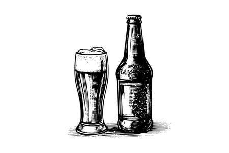Glass of beer with bottle of beer isolated on white background, hand-drawing sketch. Vector vintage engraved illustrationのイラスト素材