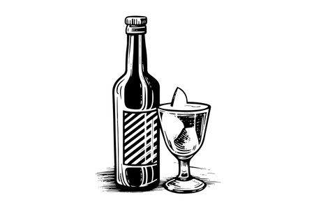 Soda bottle with glass. Ink sketch of lemonade isolated on white background. hand drawn vector illustration. retro style.のイラスト素材