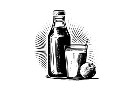 Soda bottle with glass. Ink sketch of apple cider isolated on white background. hand drawn vector illustrationのイラスト素材