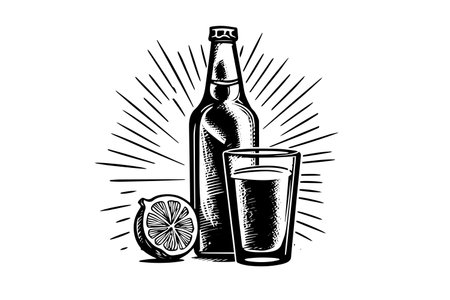 Soda bottle with glass and lemon. Ink sketch of lemonade isolated on white background. hand drawn vector illustrationのイラスト素材