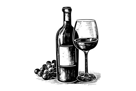 Wine bottle and glass of wine and grapes. Hand drawn engraving sketch style vector illustrationsのイラスト素材