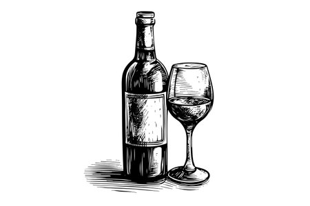 Wine bottle and glass. Hand drawn engraving sketch style vector illustrations.のイラスト素材