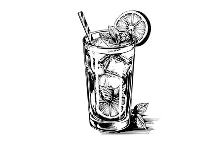 Alcoholic cocktail engraved isolated drink vector illustration. black and white sketch compositionのイラスト素材