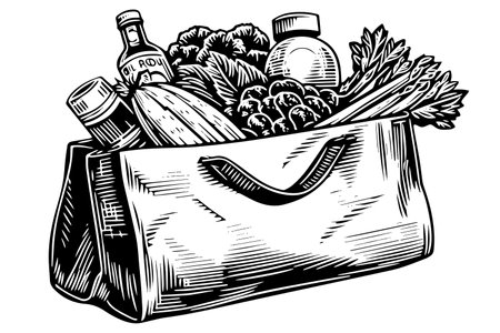 Grocery bag full of food engraving sketch vector hand-drawn illustrationのイラスト素材