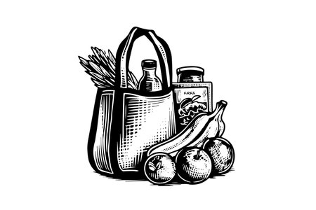 Grocery bag full of food and juice engraving sketch vector hand-drawn illustrationのイラスト素材