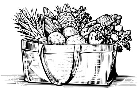 Grocery bag full of fruits and vegetables engraving sketch vector hand-drawn illustrationのイラスト素材