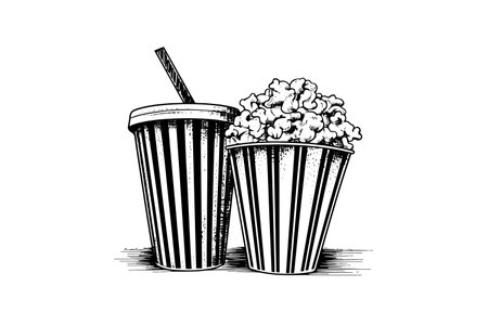 Popcorn in box and cola engraving ink vector illustration , line artのイラスト素材