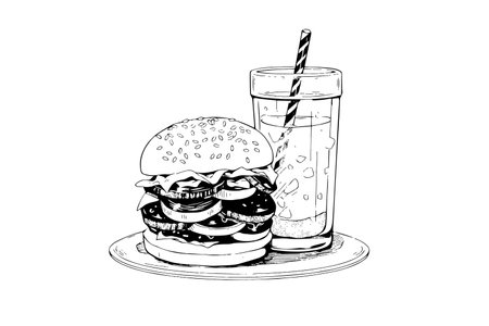 Burger and soda engraving style art. Hand drawn vector illustration of hamburgerのイラスト素材
