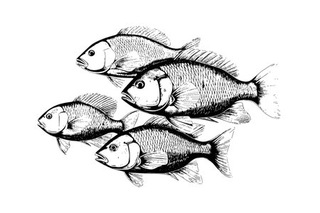Flock of fish hand drawn engraving isolated on white background. vector sketch illustrationのイラスト素材