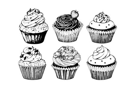 Set of cupcake in engraving style. Ink sketch isolated on white background. hand drawn vector illustrationのイラスト素材