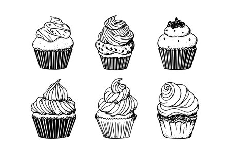 Set of cupcake in engraving style. Ink sketch isolated on white background. hand drawn vector illustrationのイラスト素材