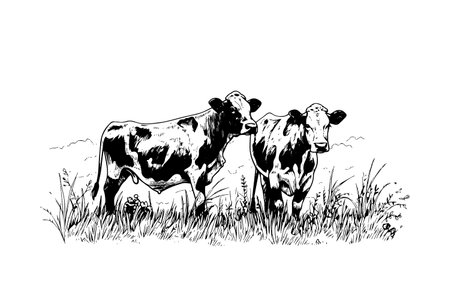 Two cow's grazes in the field. Vector hand drawn engraving style illustrationのイラスト素材