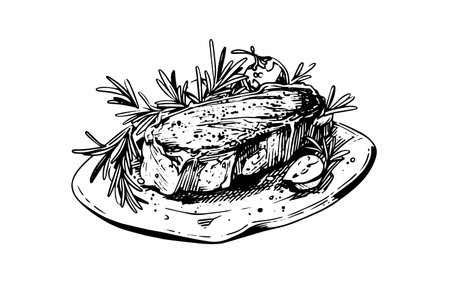 Meat steak on the plate. Hand drawing sketch engraving style vector illustrationのイラスト素材