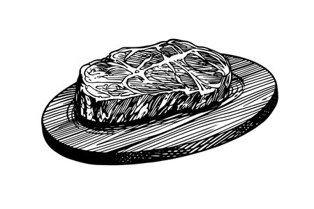 Meat steak on wood board. Hand drawing sketch engraving style vector illustrationのイラスト素材