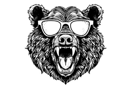 Bear head in glasses logotype vector engraving style illustrationのイラスト素材