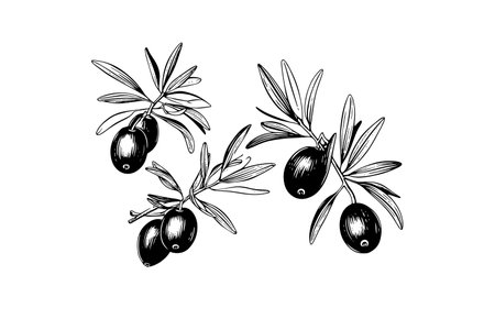Olive brunch in engraving style element for poster, collage, banner. vector illustrationのイラスト素材