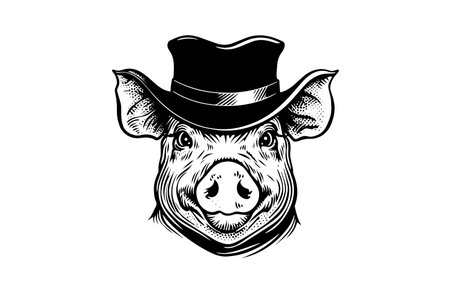 Cute pig or pork in hat head engraving logotype style vector illustrationのイラスト素材