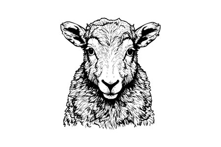 Cute sheep or lamb head engraving style vector illustration. Realistic imageのイラスト素材