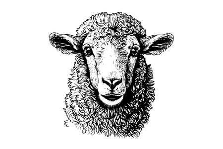 Cute sheep or lamb head engraving style vector illustration. Realistic imageのイラスト素材