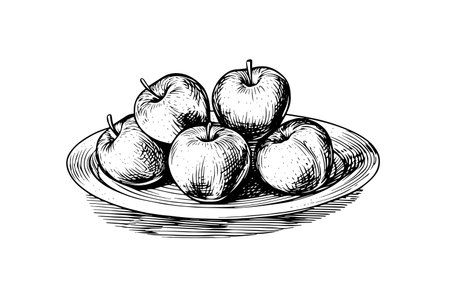 Apple fruit on plate hand drawn engraving style vector illustrationsのイラスト素材