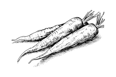 Carrot with tops. Engraving sketch hand drawn vector illustrationのイラスト素材