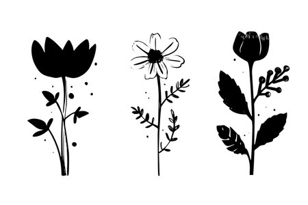 Set of lino cut grunge flower ink stamp. Pack of contemprorary texture elements. Vector illustration.のイラスト素材