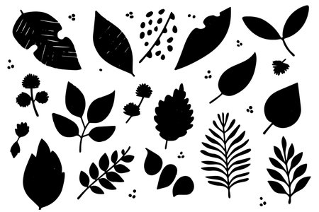 Set of lino cut vector stamp black leaves and branch imprints on white background. Hand drawn floral elements.のイラスト素材