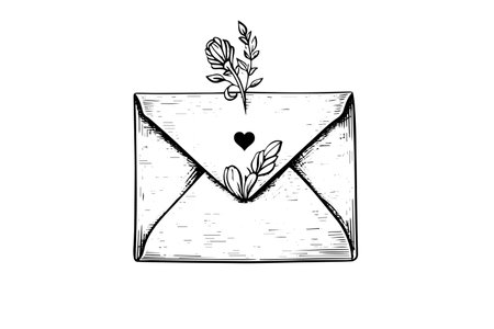 Envelope with heart and flower hand drawn ink sketch. Engraving vintage style vector illustration.のイラスト素材