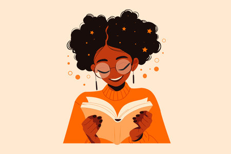 Young black girl reading a book. Modern vector flat illustration. Young student with open book studying for exam. Love to read.のイラスト素材