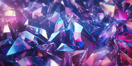 Holographic background with realistic crystal shards. Rainbow reflexes in pink and purple color....