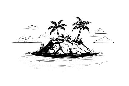 Islands with palms landscape hand drawn ink sketch. Engraving style vector illustration.のイラスト素材