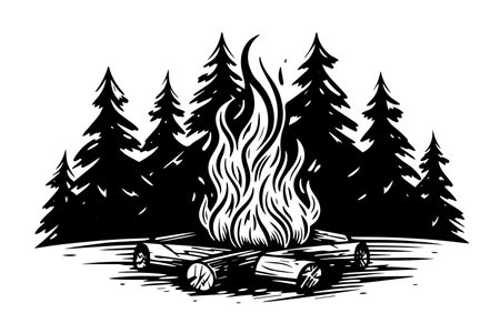 Hand drawn camping bonfire. Vector illustration of fire in sketch engraving style.のイラスト素材