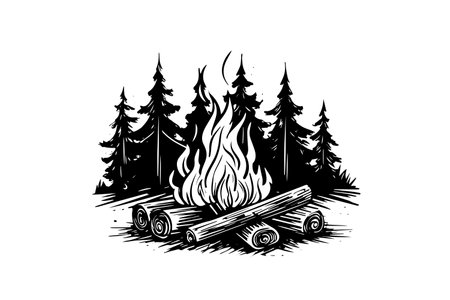 Hand drawn camping bonfire. Vector illustration of fire in sketch engraving style.のイラスト素材