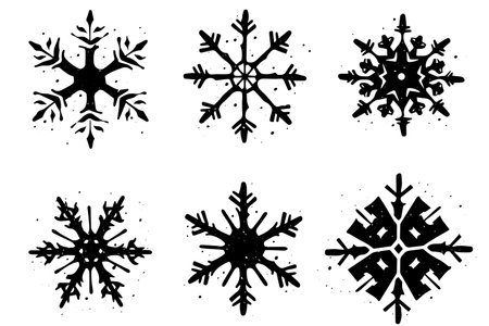 Grunge lino cut snowflakes stamps collection pack. Distressed textures set. Blank geometric shapes. Vector Illustration.のイラスト素材