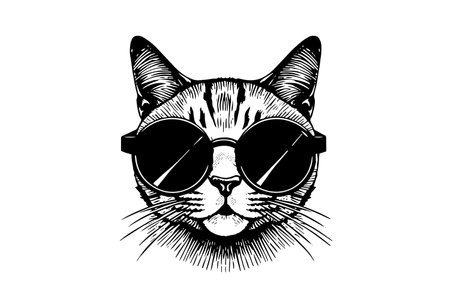 Cute cat head in sunglasses hand drawn ink sketch engraving vintage style.Vector illustration.のイラスト素材