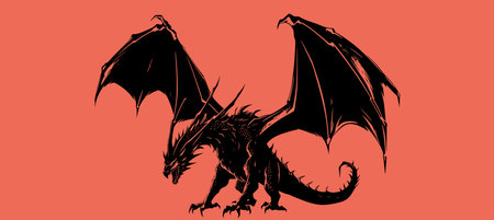 Graphic silhouette of black dragon isolated on red background. Vector illustration .
