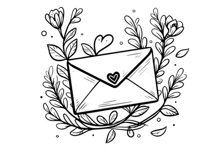 Envelope with heart and flower hand drawn ink sketch. Engraving vintage style vector illustration.のイラスト素材