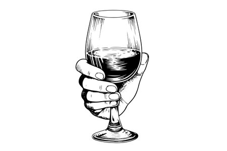 Wine glass in hand drawn ink sketch engraving style vector illustration.のイラスト素材
