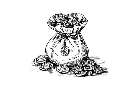 Vintage bag full of money coins hand drawn ink sketch. Engraving style vector illustration.のイラスト素材