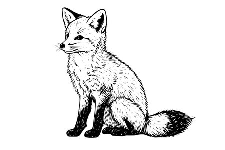 Fox sitting hand drawn ink sketch. Engraving vintage style vector illustration.のイラスト素材