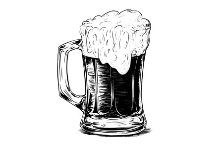 Beer glass with ale and lush foam.hand drawn ink sketch. Engraving vintage style vector illustration.のイラスト素材