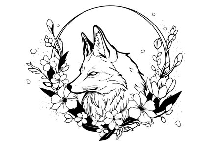 Fox head framed with flowers hand drawn ink sketch. Engraving style vector illustration.のイラスト素材