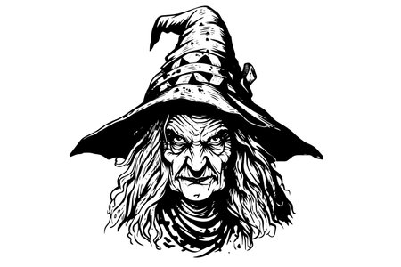 Witch halloween old woman hand drawn ink sketch. Engraving style vector illustration.のイラスト素材