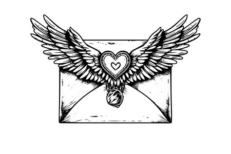 Envelope with heart and wings hand drawn ink sketch. Engraving vintage style vector illustration.のイラスト素材