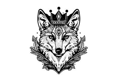 Fox head in crown framed with flowers hand drawn ink sketch. Engraving style vector illustration.のイラスト素材