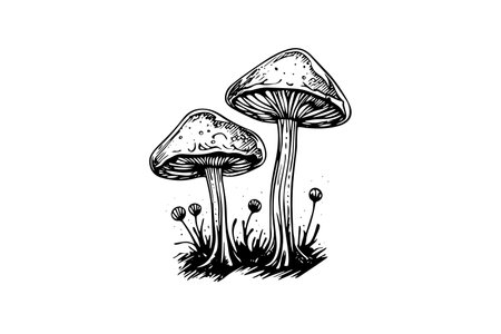 Fly agaric or amanita mushrooms group growing in grass engraving style. Vector illustration.のイラスト素材