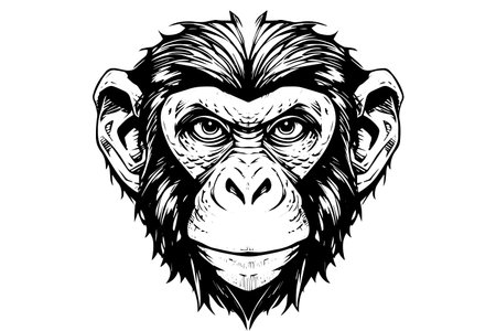 Monkey head or face hand drawn vector illustration in engraving style ink sketch.のイラスト素材