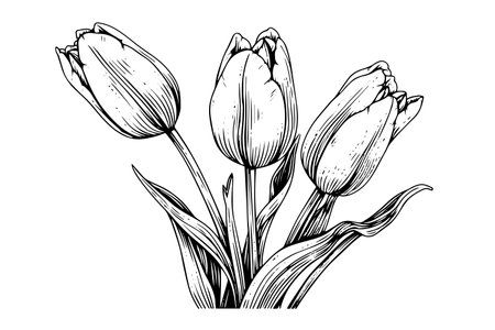Hand drawn art of tulips branches. Flower isolated on white background. Vintage vector illustration.のイラスト素材