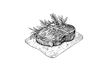 Meat steak on wood board. Hand drawing sketch engraving style vector illustration.のイラスト素材