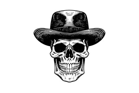 Human skull in a hat in woodcut style. Vector engraving sketch illustration for tattoo and print design.のイラスト素材